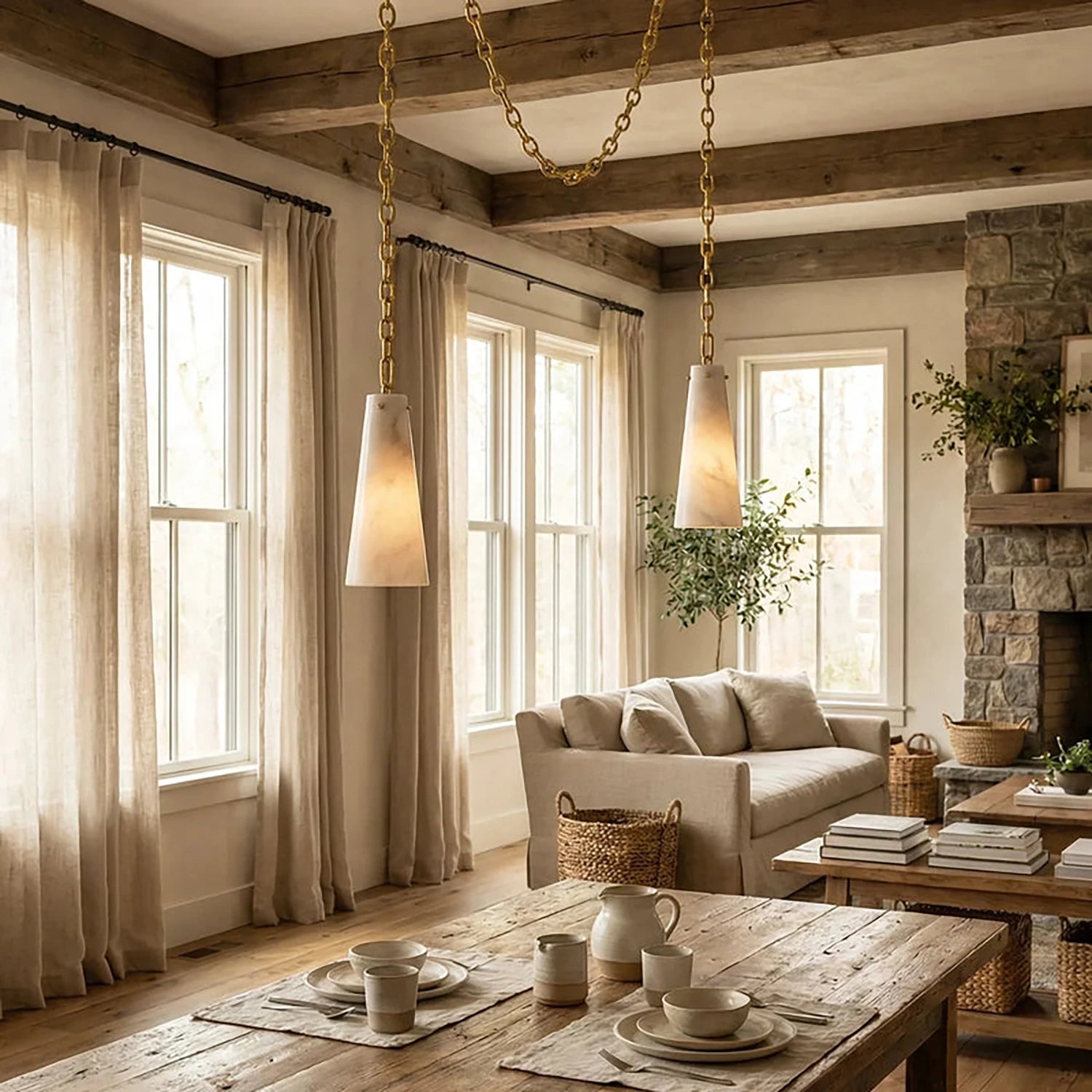 Luminous Conical Alabaster Chandelier - Vintage Exposed Beam Living Room | HoaiLamp