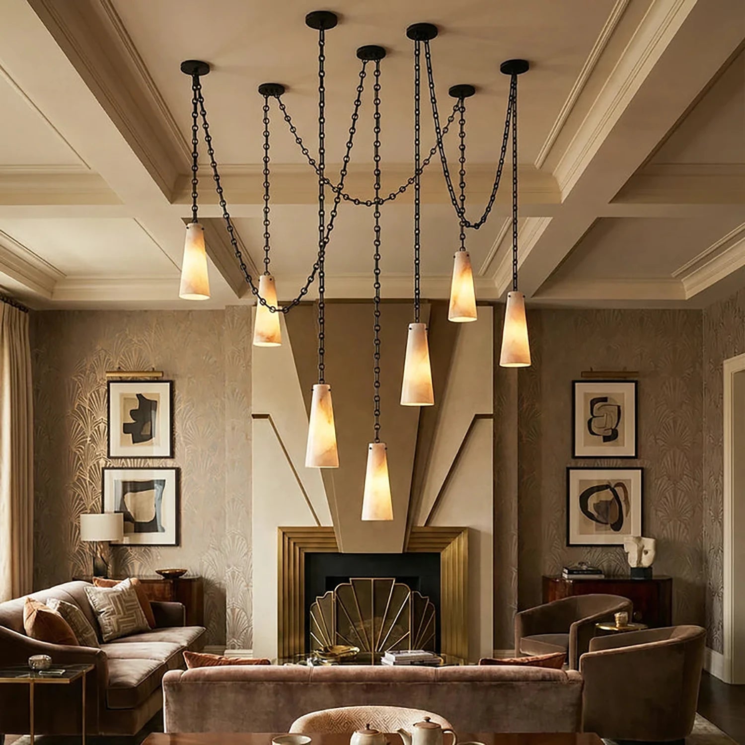 Luminous Conical Alabaster Chandelier - Vintage Fireplace Sitting Room | HoaiLamp
