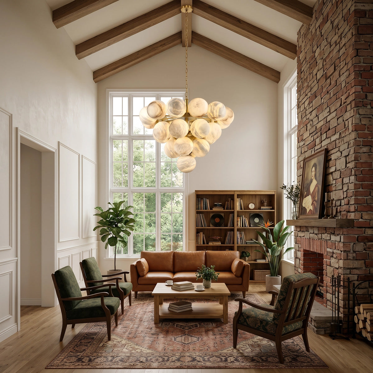 Large Lune chandelier illuminated in a tall living room beside a stone fireplace