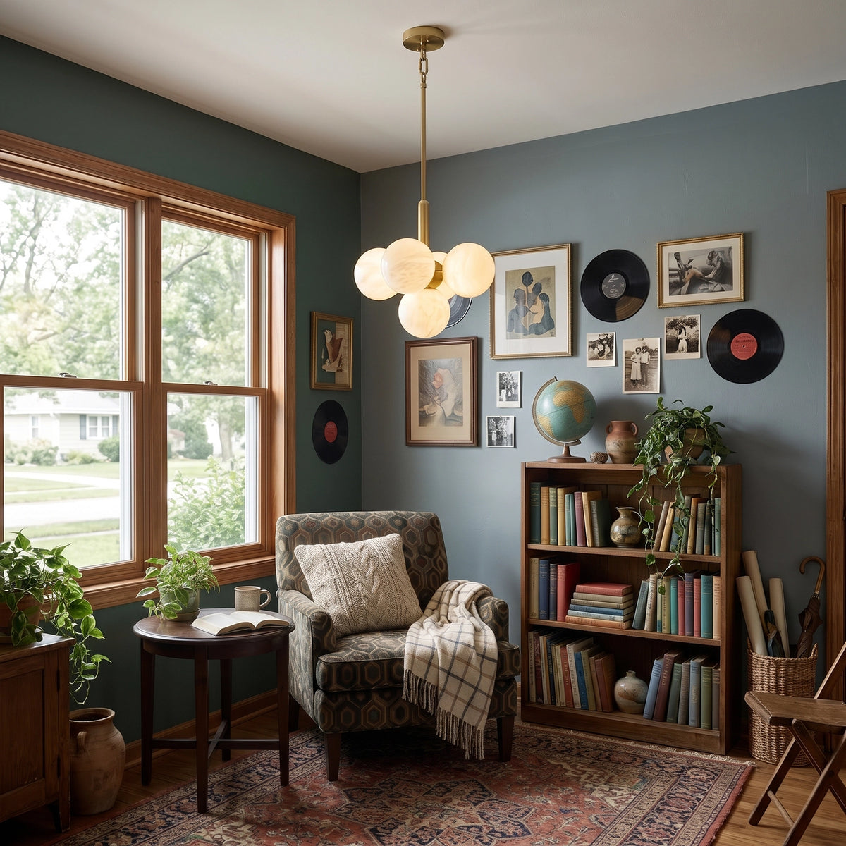 Illuminated Lune chandelier in a reading nook with an armchair and bookshelves