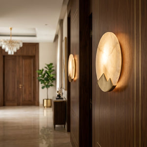 Luxury Copper Moon Alabaster Sconce - Moody Wooden Hallway Passage Glow | HoaiLamp