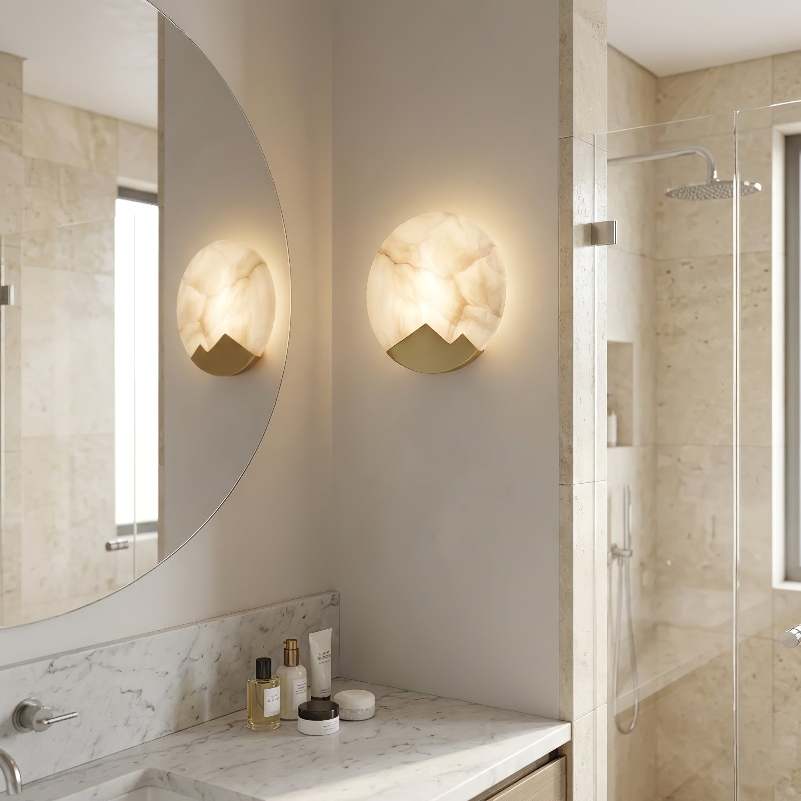 Luxury Copper Moon Alabaster Sconce - Powder Room Mirror Reflection | HoaiLamp