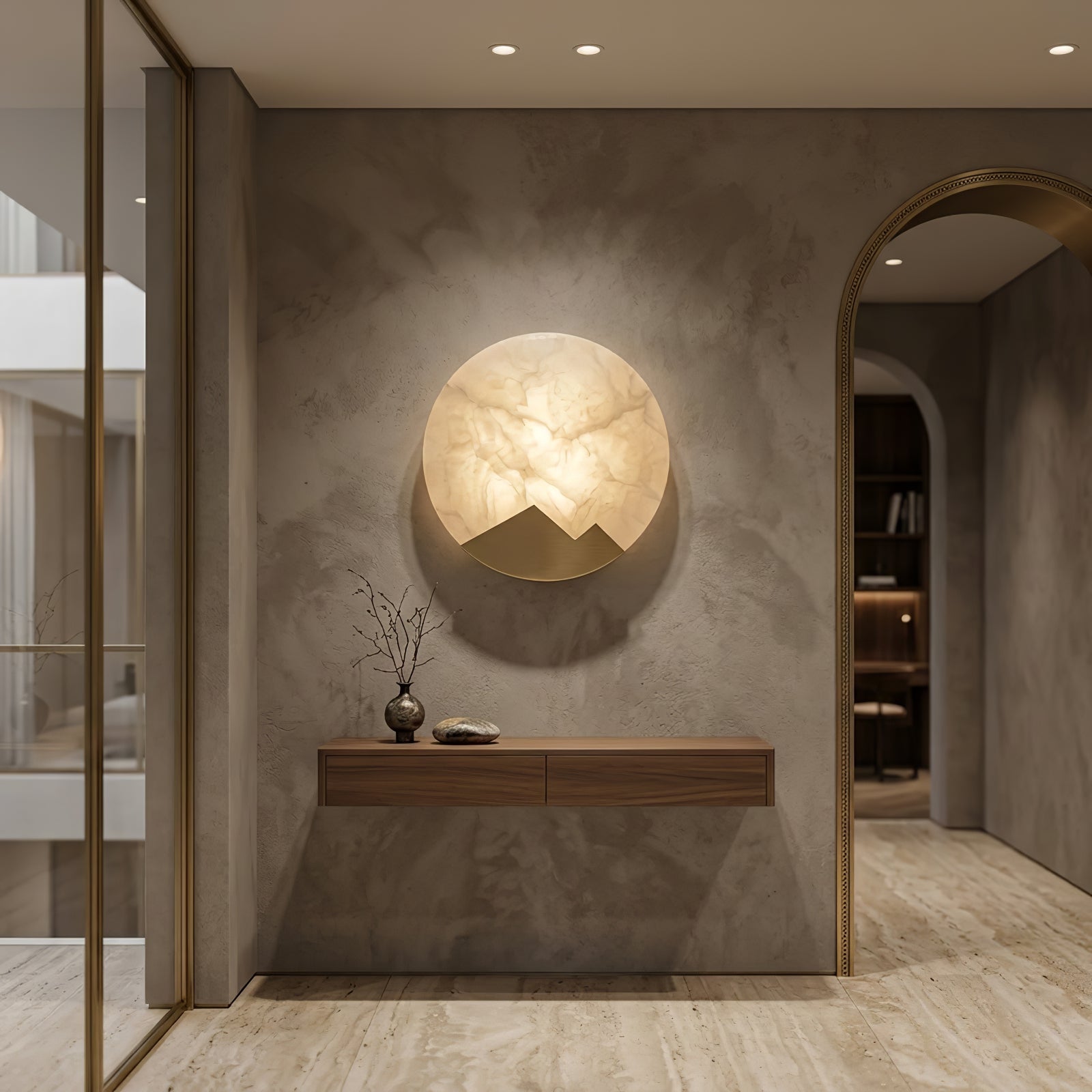Luxury Copper Moon Alabaster Sconce - Wabi-Sabi Foyer Console Table | HoaiLamp