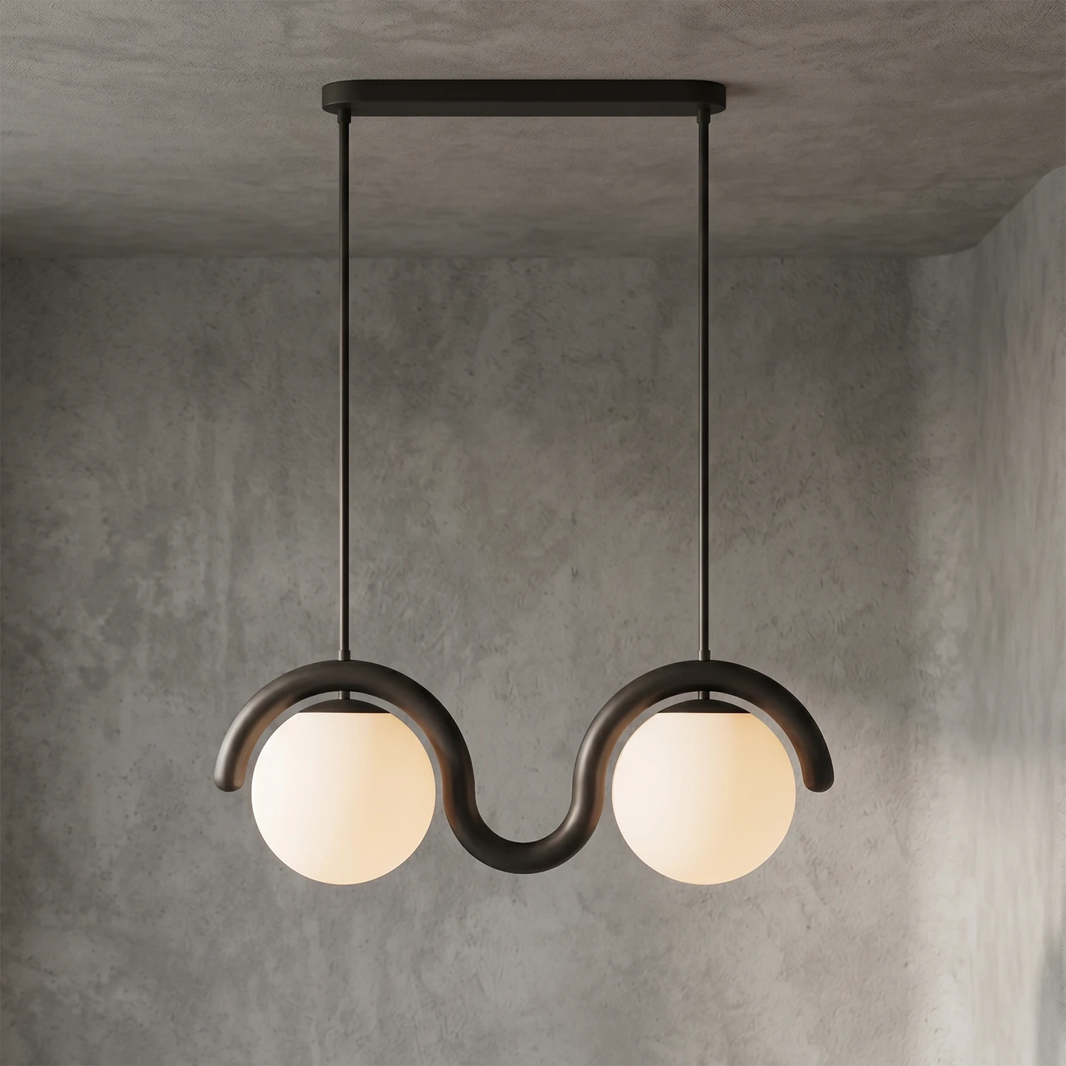 Curved Linear Opal Globe Pendant - Matte Black Dual-Head U-Bar Silhouette | HoaiLamp