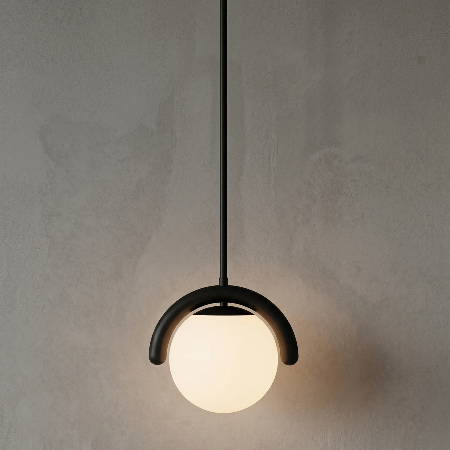 Curved Linear Opal Globe Pendant - Industrial Black Single Globe Focal Light | HoaiLamp