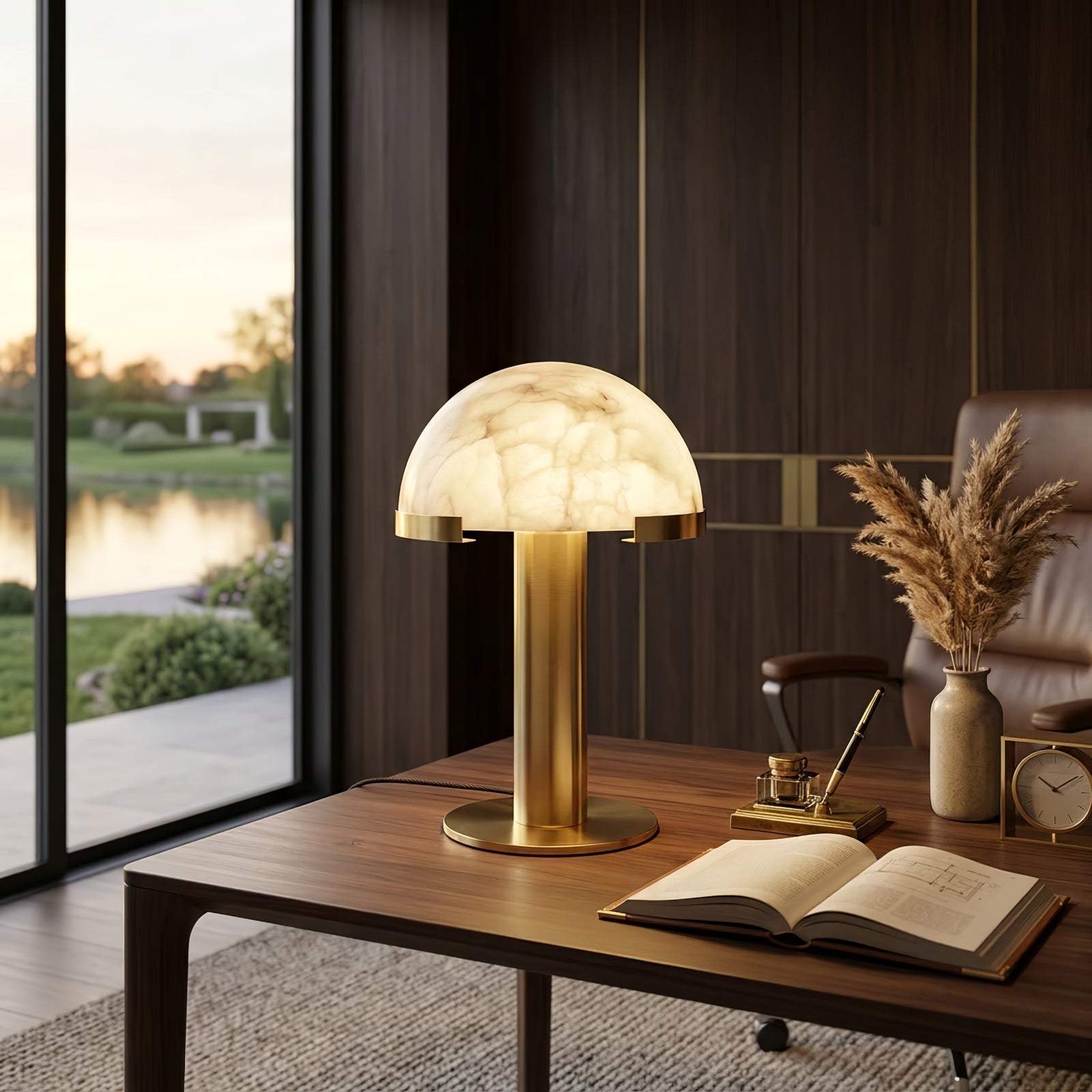 Melange Alabaster Dome Table Lamp - Panoramic View Lounge Reading Light | HoaiLamp