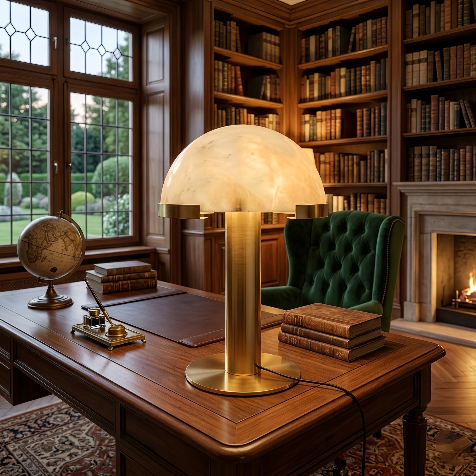 Melange Alabaster Dome Table Lamp - Vintage Library Executive Desk | HoaiLamp