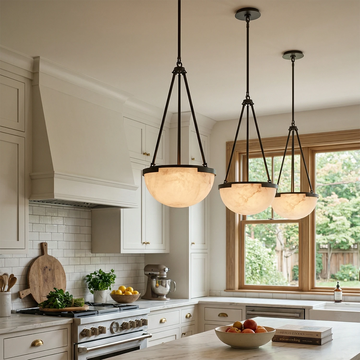 Melangee Alabaster Dome Pendant - Bright Kitchen Island Array | HoaiLamp