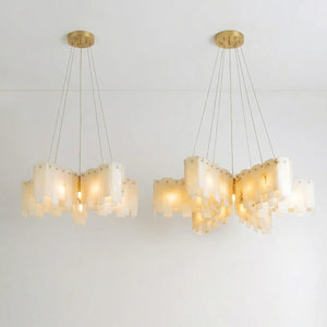 Cascade Alabaster Tiered Brass Chandelier-Artistic Irregular Composition - Creative Space Installation | HoaiLamp