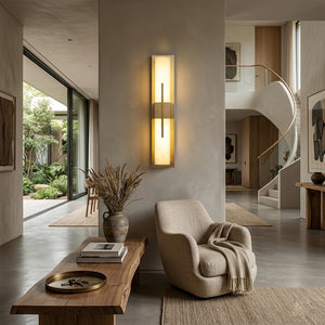 Modern Alabaster Linear Wall Sconce - Contemporary Lounge Area Spiral Staircase Backdrop | HoaiLamp