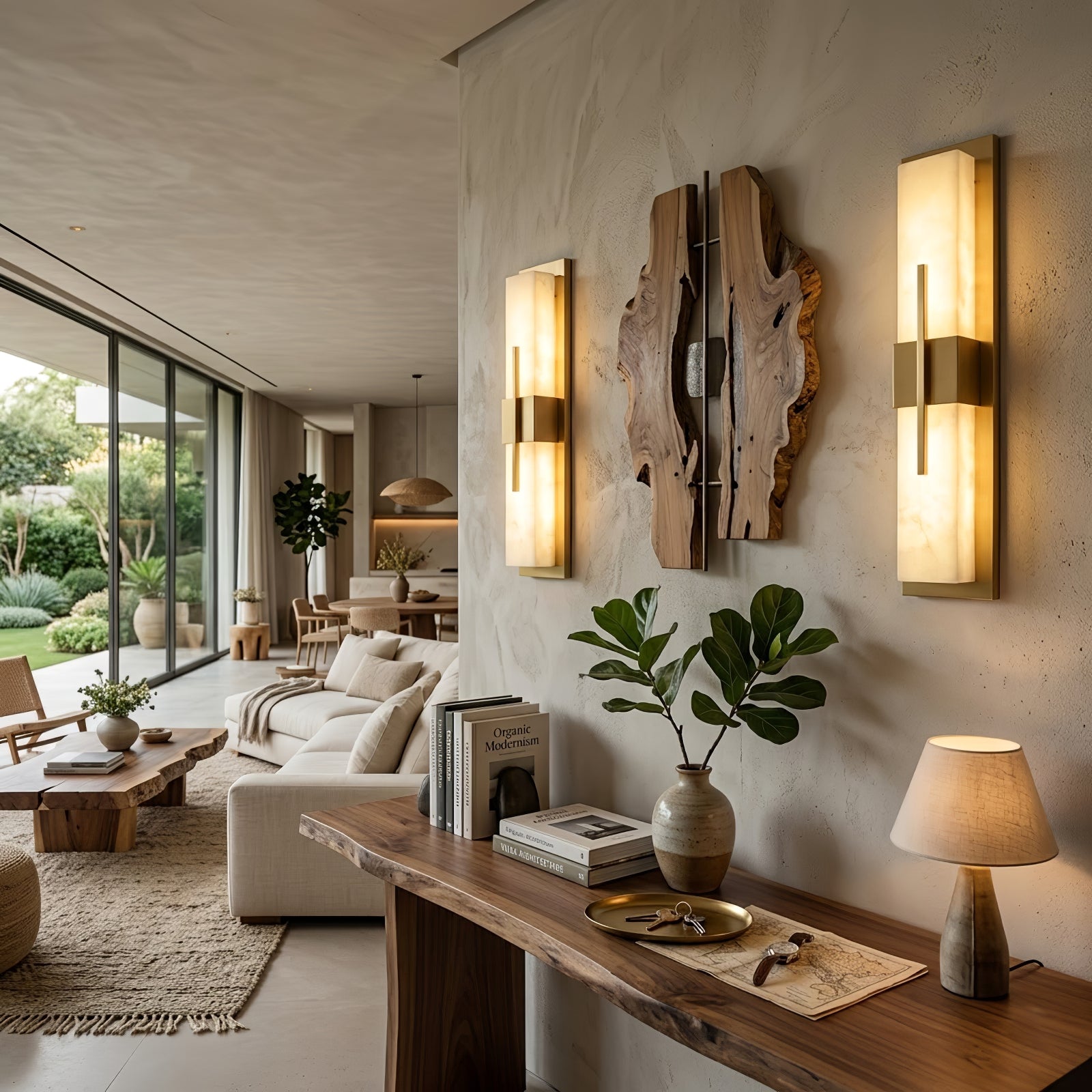 Modern Alabaster Linear Wall Sconce - Symmetrical Living Room Console Table Layout | HoaiLamp