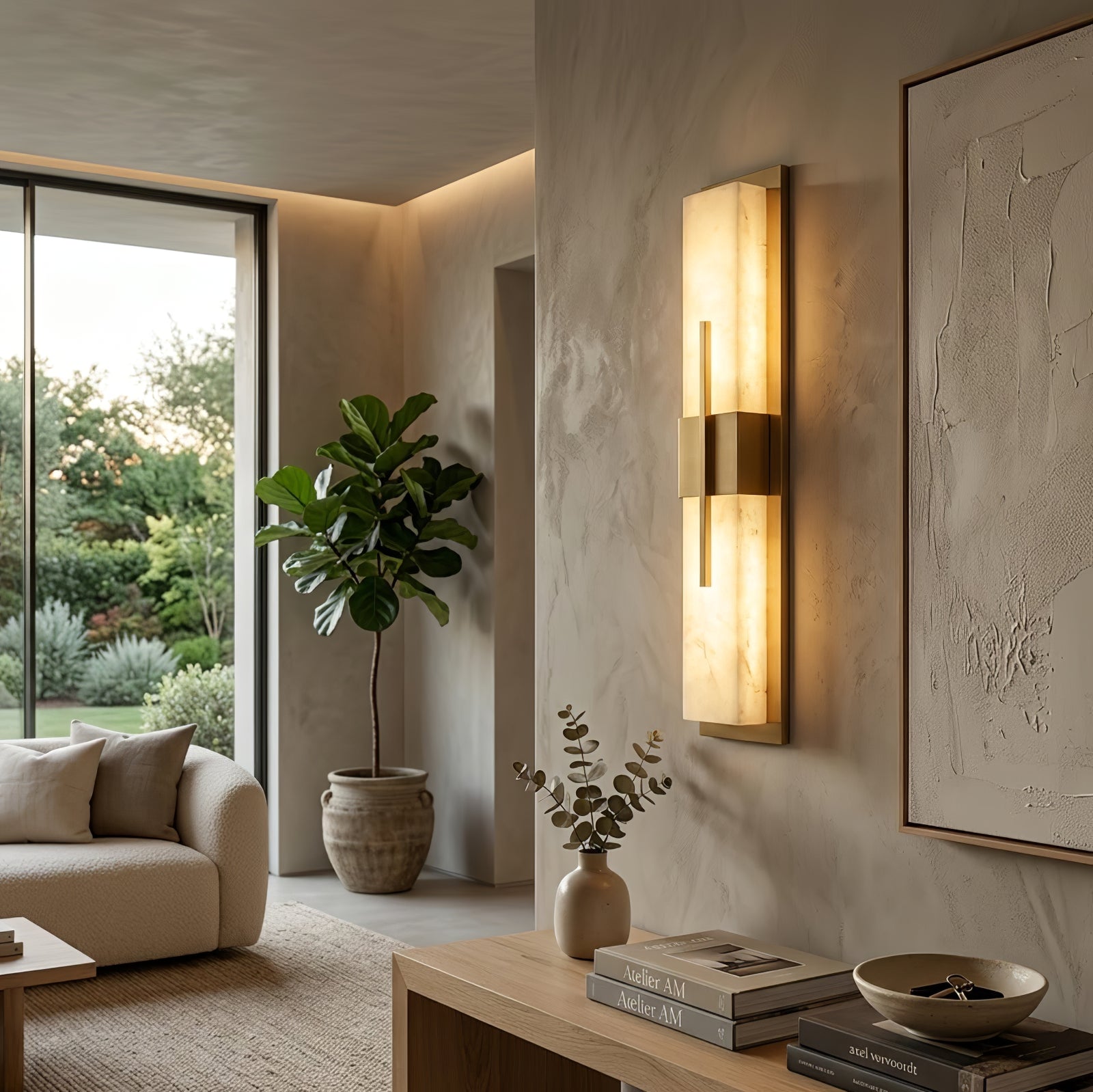 Modern Alabaster Linear Wall Sconce - Luxury Living Room Garden View Accent Wall | HoaiLamp