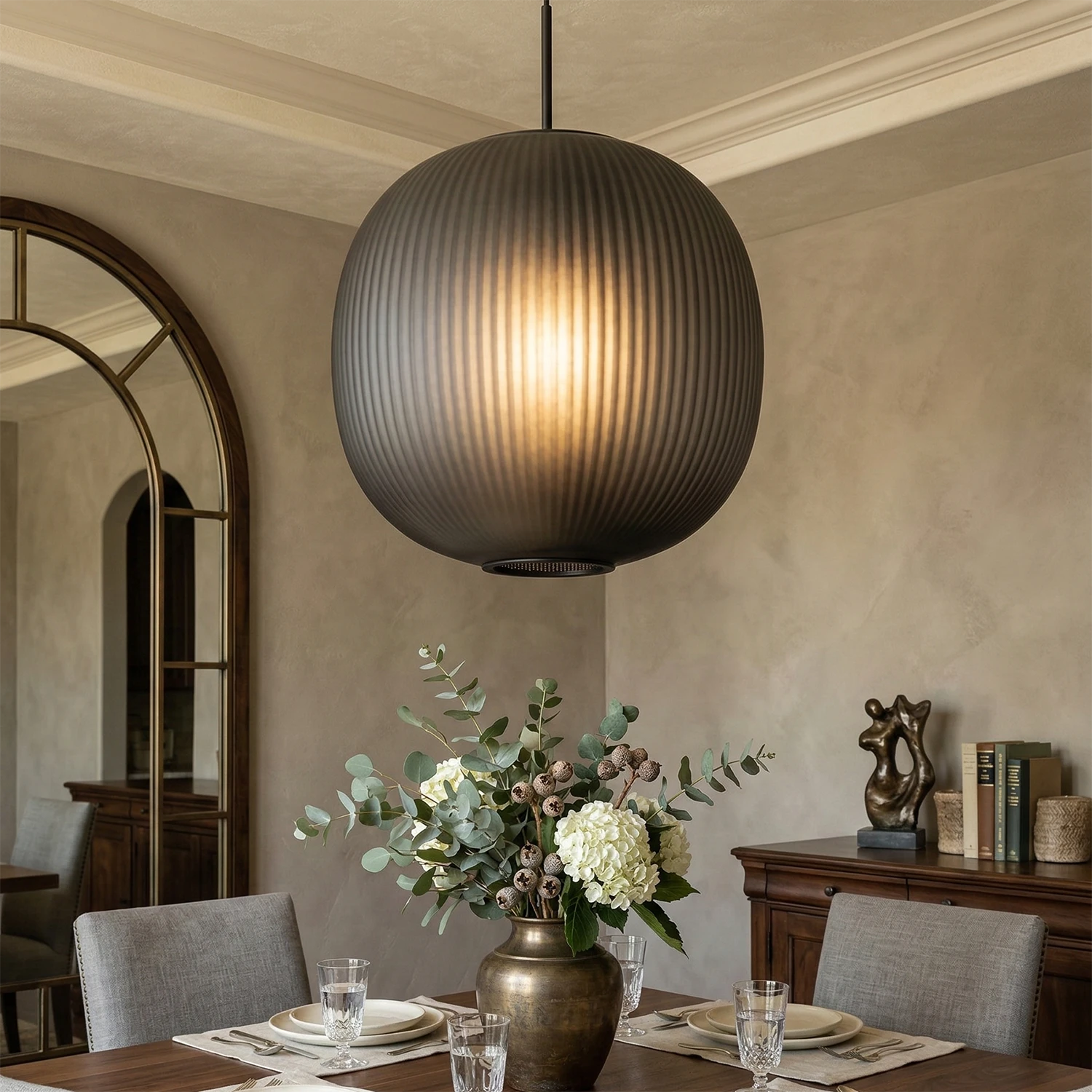 Bloom Frosted Glass Pendant Light - Contemporary Dining Room Floral Vase Arch Mirror | HoaiLamp