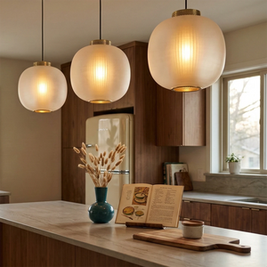 Bloom Frosted Glass Pendant Light - Modern Wooden Kitchen Countertop Parallel Trio Set | HoaiLamp