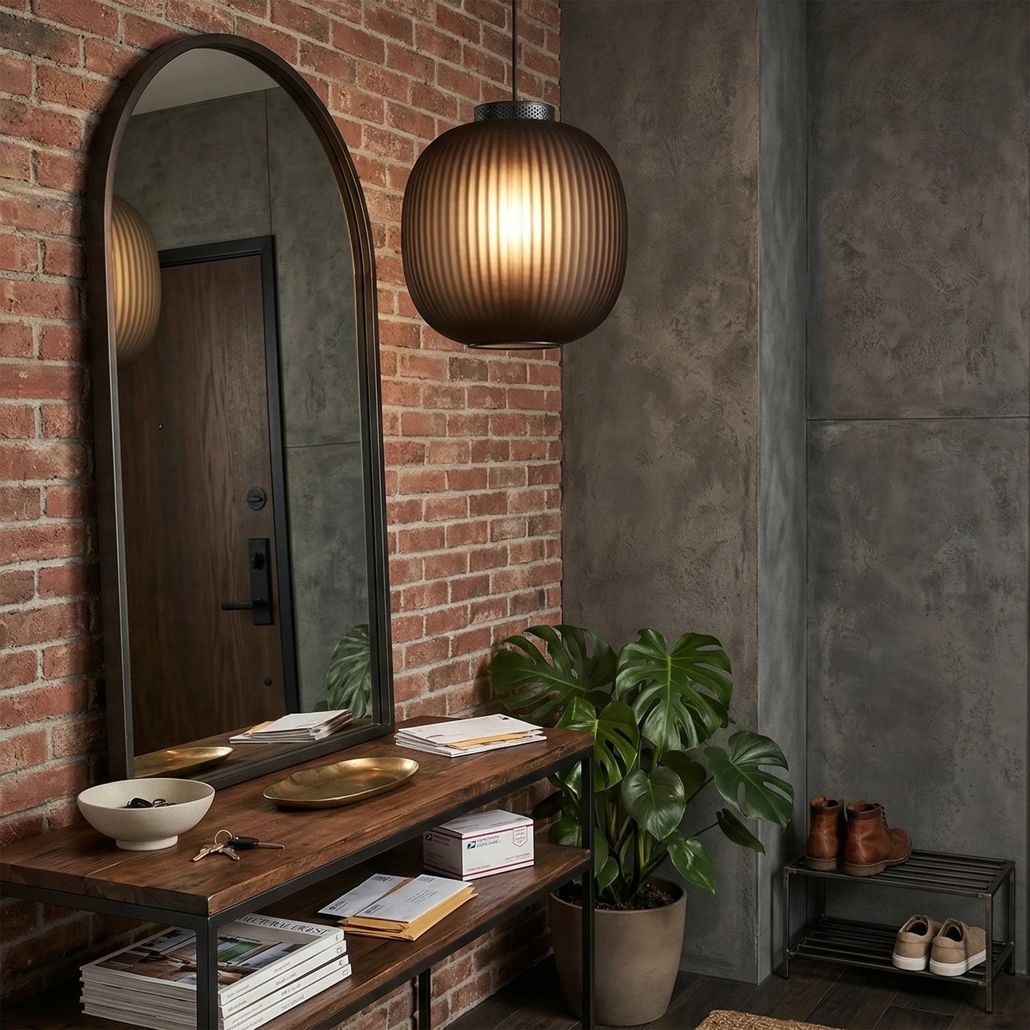 Bloom Frosted Glass Pendant Light - Industrial Loft Foyer Red Brick Wall Smokey Tint | HoaiLamp