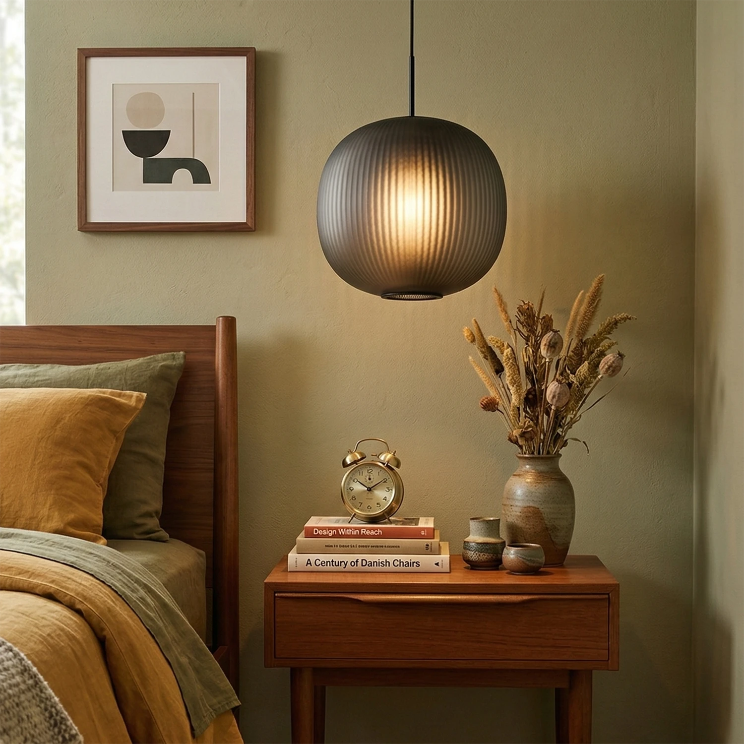 Bloom Frosted Glass Pendant Light - Retro Bedroom Olive Green Wall Walnut Nightstand | HoaiLamp