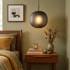 Bloom Frosted Glass Pendant Light - Retro Bedroom Olive Green Wall Walnut Nightstand | HoaiLamp