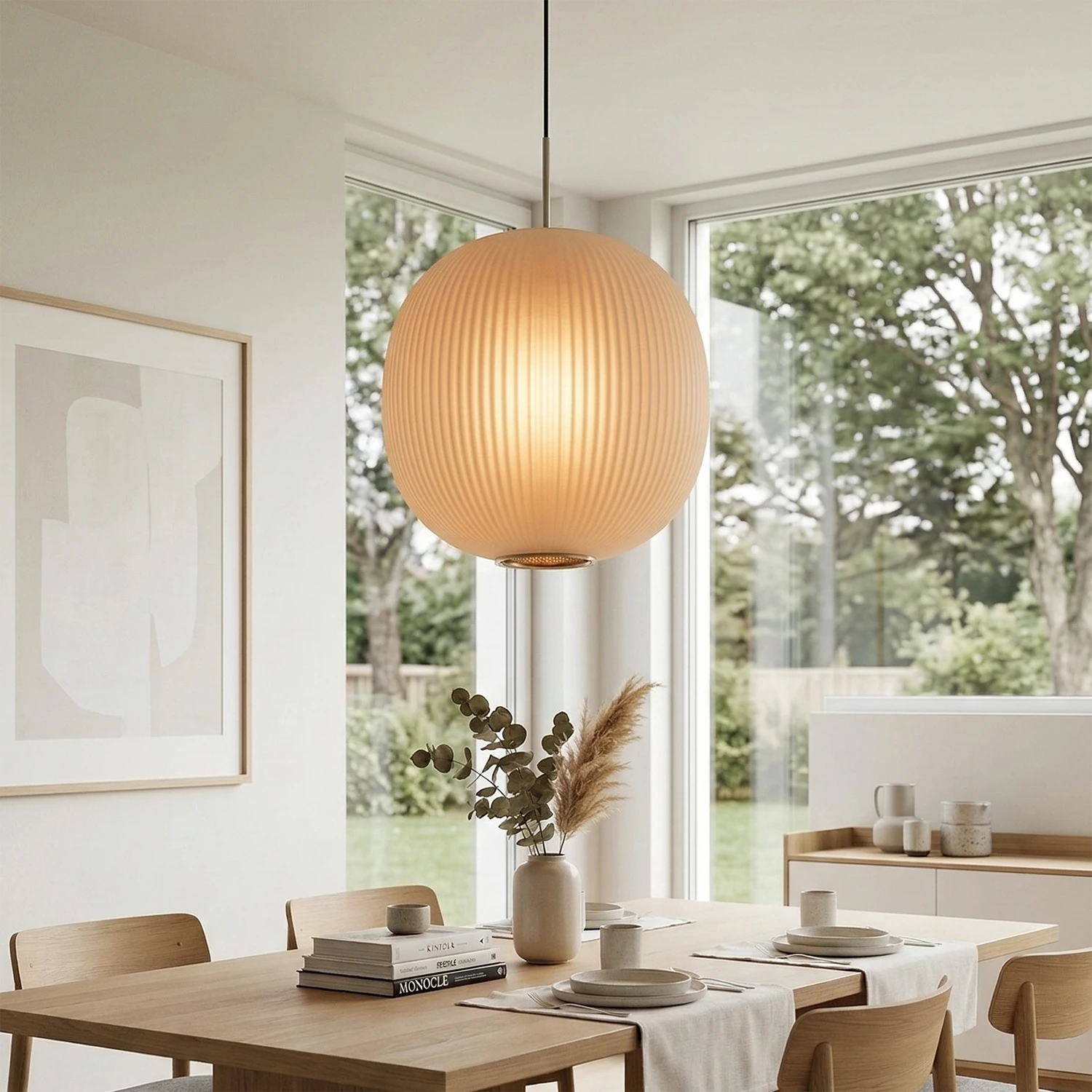 Bloom Frosted Glass Pendant Light - Bright Scandinavian Dining Room Panoramic Windows | HoaiLamp