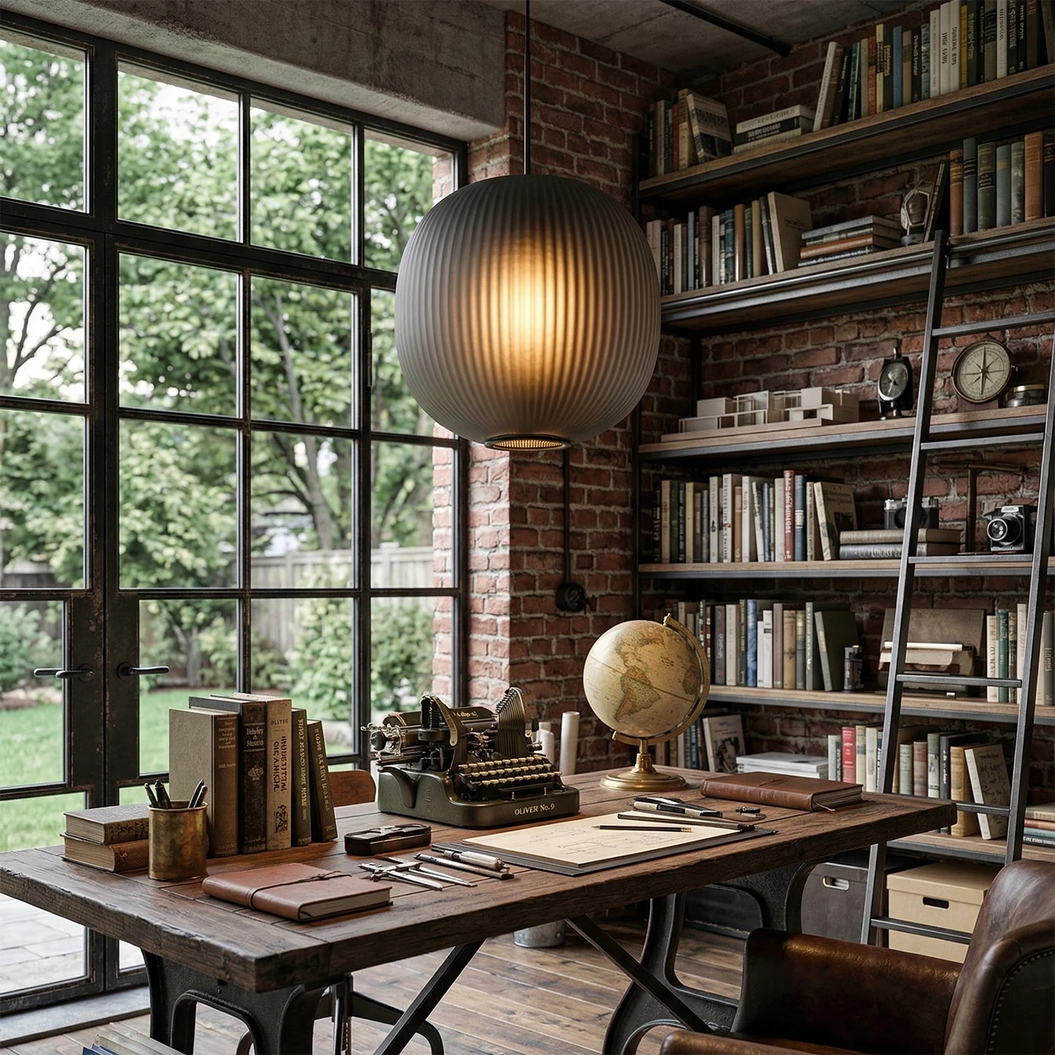 Bloom Frosted Glass Pendant Light - Vintage Home Office Library Solid Wood Desk Glow | HoaiLamp