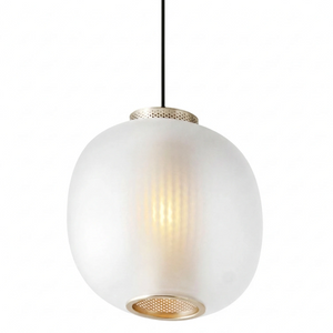 Bloom Frosted Glass Pendant Light - White Background Opal Frosted Globe Brushed Gold Cap | HoaiLamp