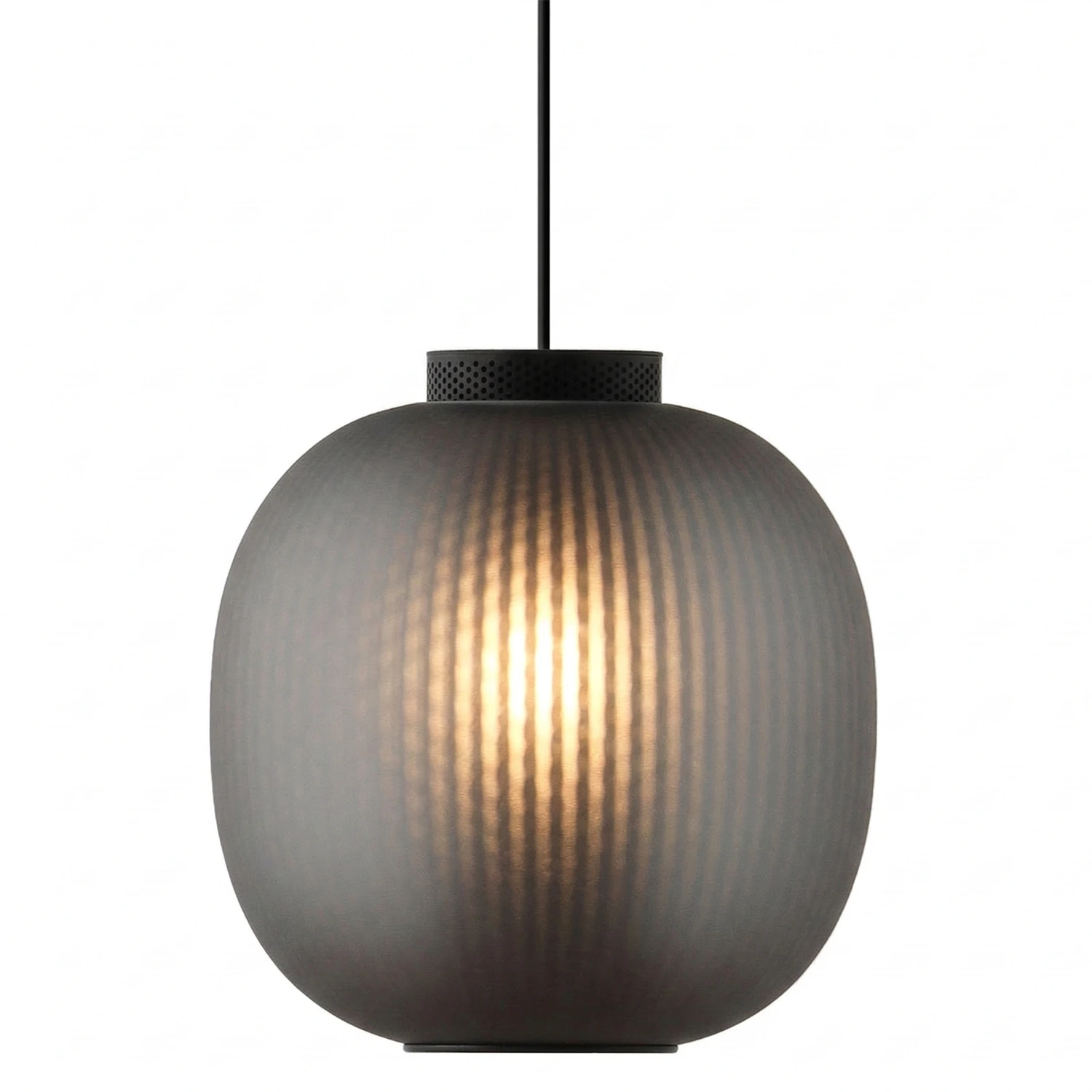Bloom Frosted Glass Pendant Light - White Background Smokey Tinted Ribbed Matte Black Cap | HoaiLamp