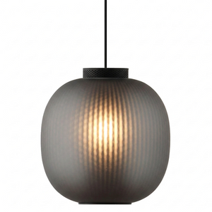 Bloom Frosted Glass Pendant Light - White Background Smokey Tinted Ribbed Matte Black Cap | HoaiLamp