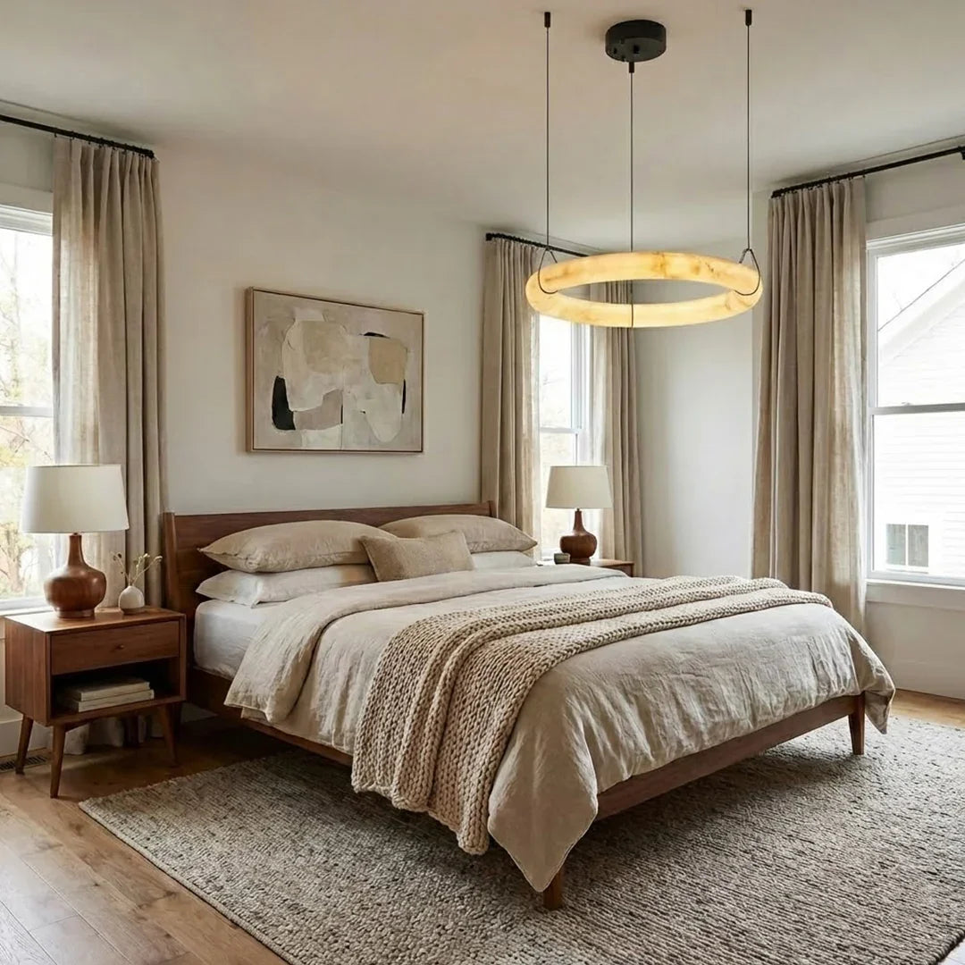Modern Spanish Alabaster Halo Pendant Lamp - Bright Contemporary Bedroom Natural Wood Accents Linen Bedding | HoaiLamp