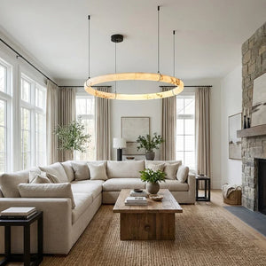 Modern Spanish Alabaster Halo Pendant Lamp - Cozy Transitional Living Room White Sectional Sofa Rustic Coffee Table | HoaiLamp