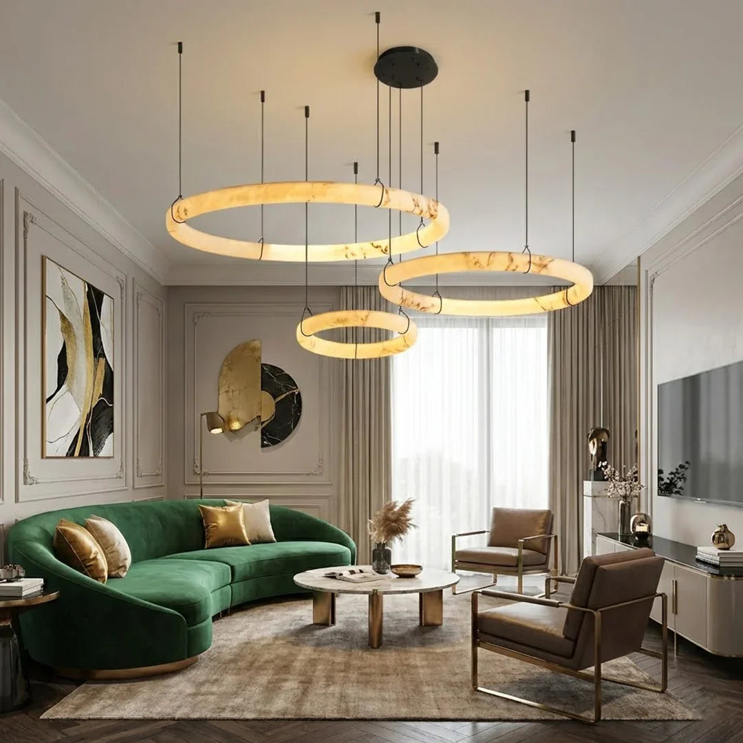 Modern Spanish Alabaster Halo Pendant Lamp - Contemporary Living Room Curved Emerald Green Velvet Sofa | HoaiLamp