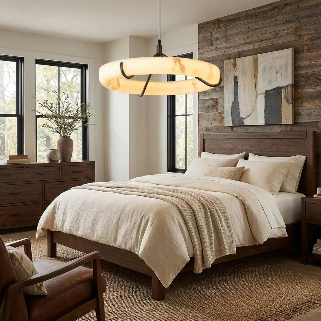 Modern Spanish Alabaster Halo Pendant Lamp - Cozy Master Bedroom Wooden Bed Frame Rustic Accent Wall | HoaiLamp