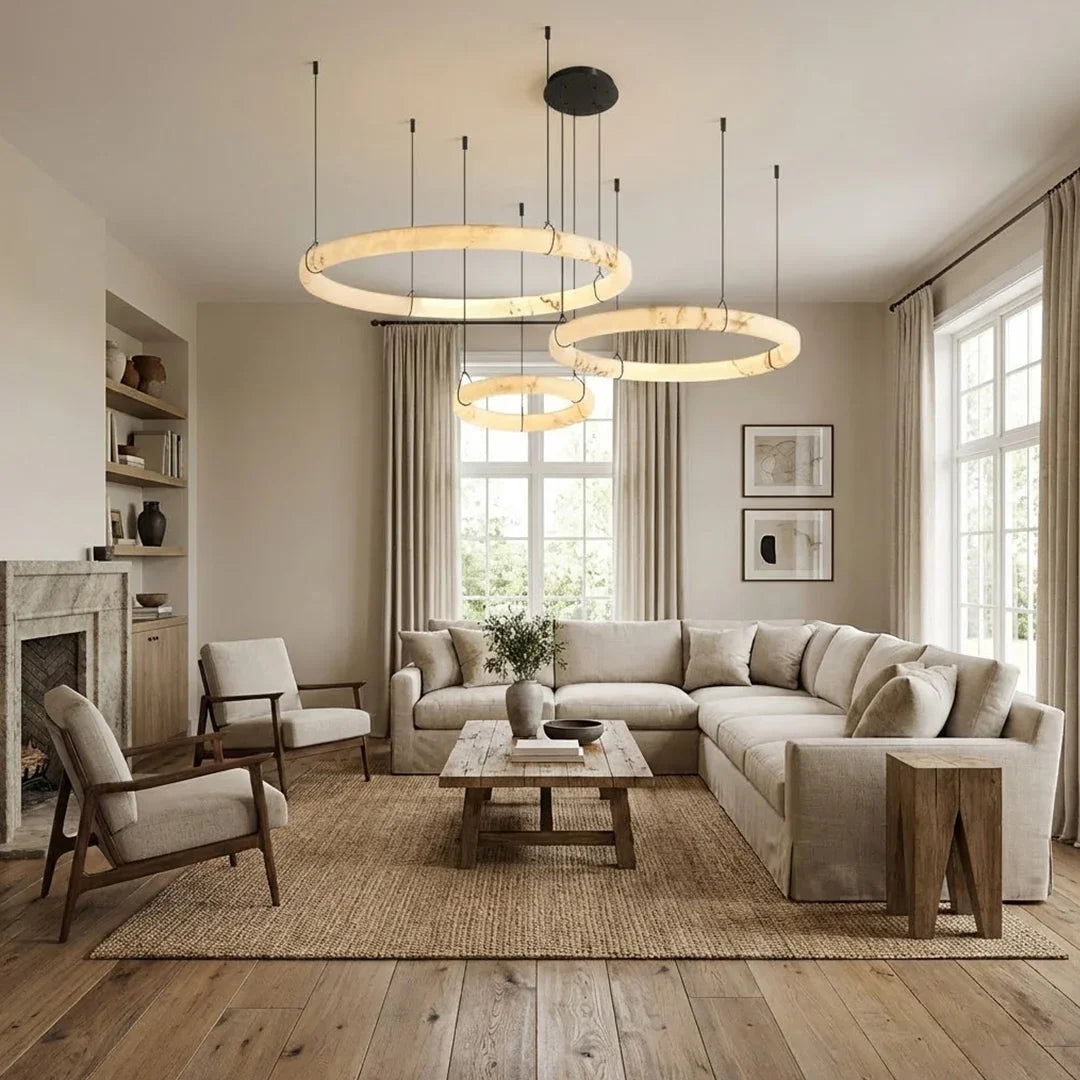 Modern Spanish Alabaster Halo Pendant Lamp - Cozy Transitional Living Room White Sectional Sofa | HoaiLamp