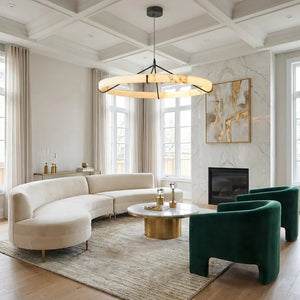 Modern Spanish Alabaster Halo Pendant Lamp - Luxury Living Room Curved Cream Sofa Emerald Green Armchairs | HoaiLamp