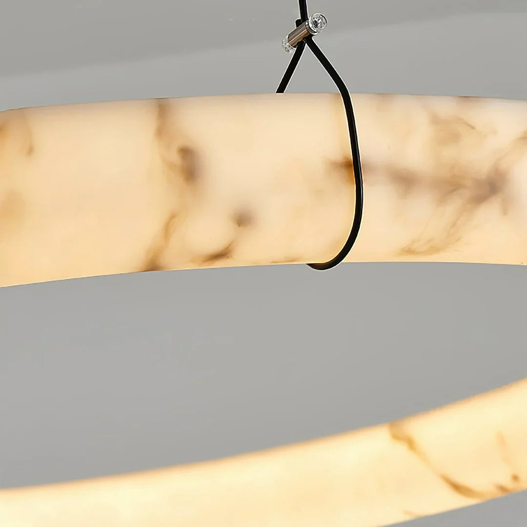 Modern Spanish Alabaster Halo Pendant Lamp - Macro Close Up Black Metal Strap Hardware Detail | HoaiLamp