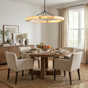 Modern Spanish Alabaster Halo Pendant Lamp - Mid Century Dining Space Round Wooden Table Cream Chairs | HoaiLamp