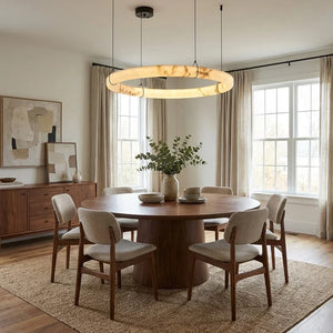Modern Spanish Alabaster Halo Pendant Lamp - Minimalist Dining Area Round Walnut Table Linen Curtains | HoaiLamp