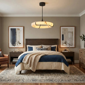 Modern Spanish Alabaster Halo Pendant Lamp - Modern Master Bedroom Dark Wood Frame Blue Bedding | HoaiLamp