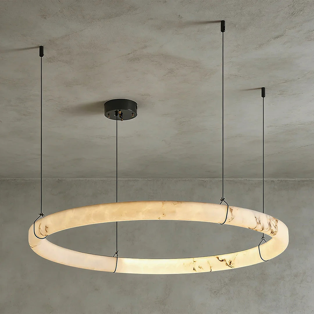 Modern Spanish Alabaster Halo Pendant Lamp - Studio Grey Background Large Single Halo Ring Front View | HoaiLamp