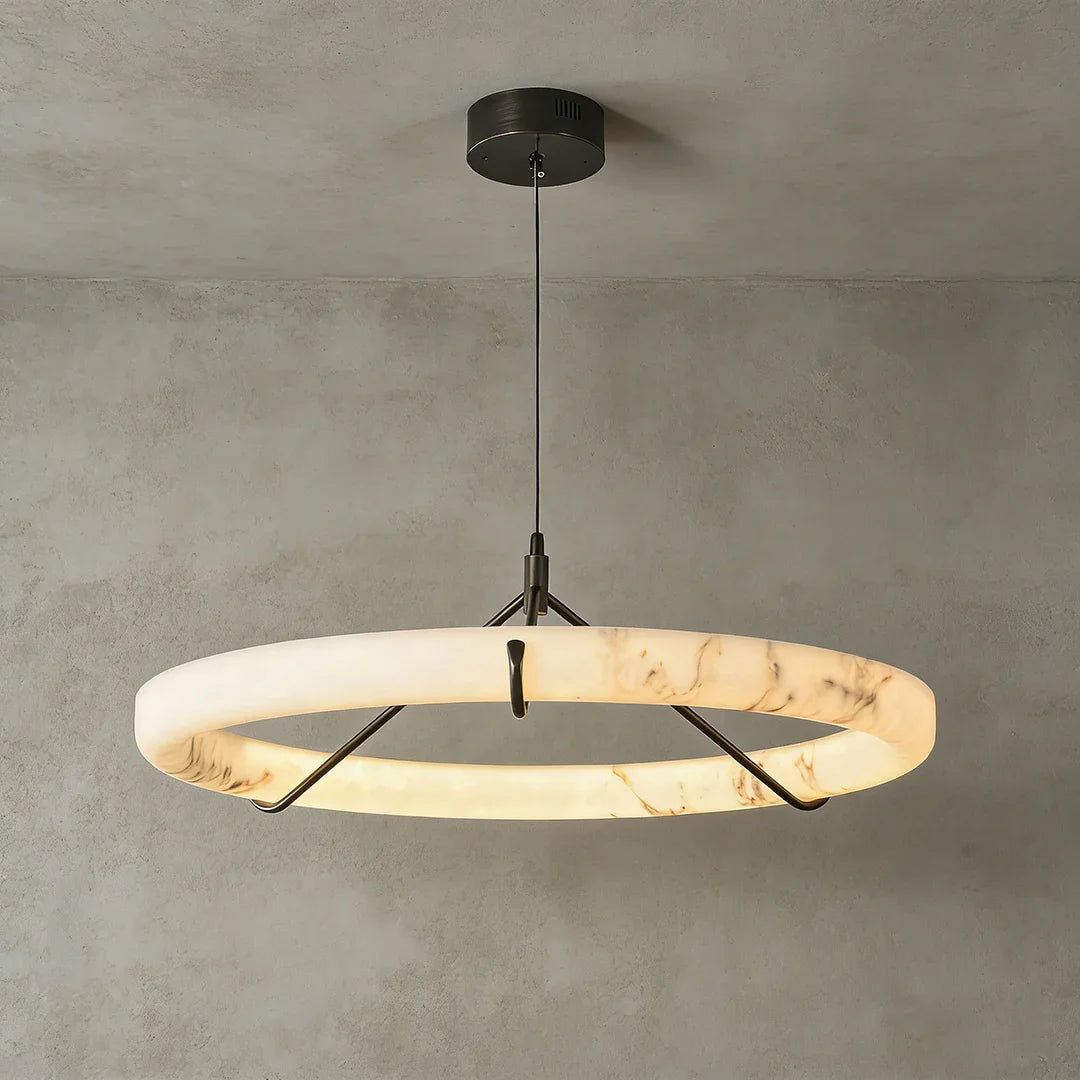 Modern Spanish Alabaster Halo Pendant Lamp - Studio Grey Background Medium Single Halo Ring Lit | HoaiLamp