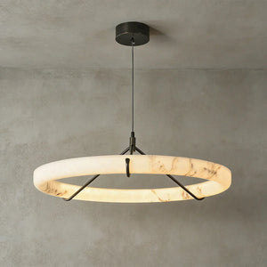 Modern Spanish Alabaster Halo Pendant Lamp - Studio Grey Background Medium Single Halo Ring Lit | HoaiLamp