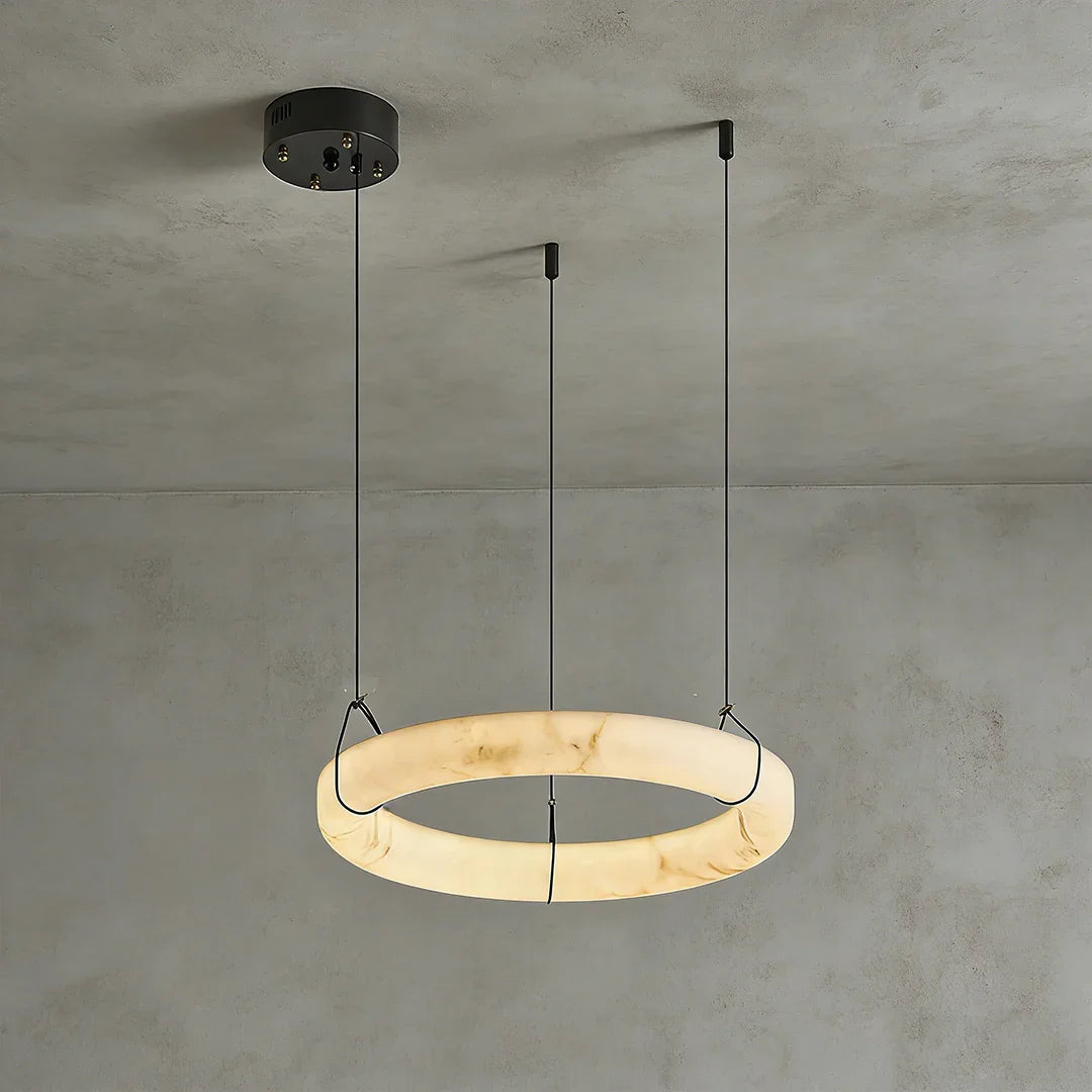 Modern Spanish Alabaster Halo Pendant Lamp - Studio Grey Background Single Halo Ring Suspension Cables | HoaiLamp