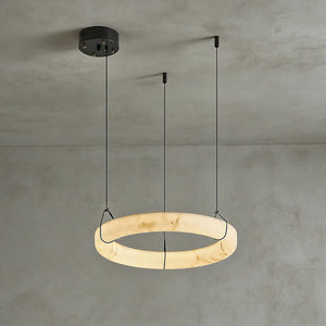 Modern Spanish Alabaster Halo Pendant Lamp - Studio Grey Background Single Halo Ring Suspension Cables | HoaiLamp