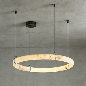 Modern Spanish Alabaster Halo Pendant Lamp - Studio Grey Background Single Halo Ring Low Angle View | HoaiLamp