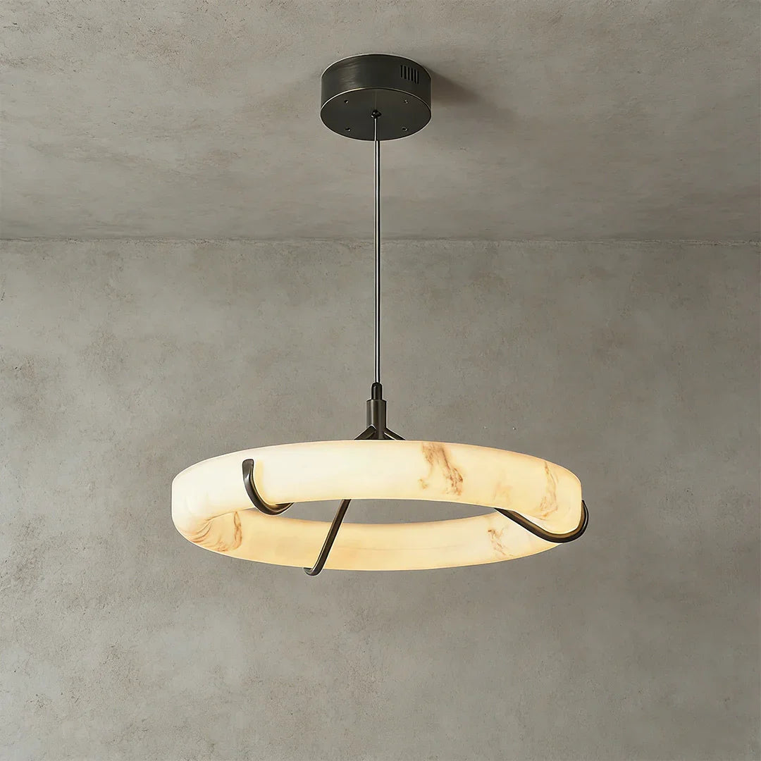 Modern Spanish Alabaster Halo Pendant Lamp - Studio Grey Background Small Single Halo Ring Lit | HoaiLamp