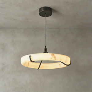 Modern Spanish Alabaster Halo Pendant Lamp - Studio Grey Background Small Single Halo Ring Lit | HoaiLamp