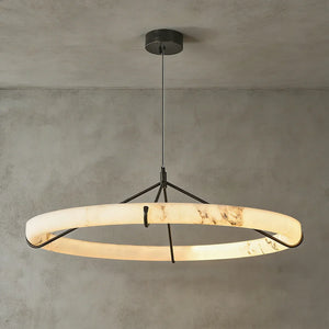 Modern Spanish Alabaster Halo Pendant Lamp - Studio Grey Concrete Backdrop Single Illuminated Halo Ring | HoaiLamp