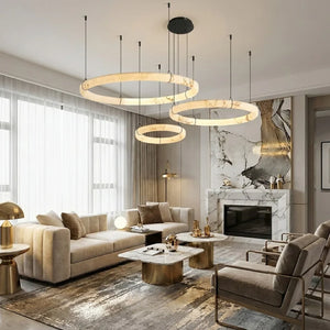 Modern Spanish Alabaster Halo Pendant Lamp - Three Tier Layered Multi Ring Configuration High Ceiling Lounge | HoaiLamp