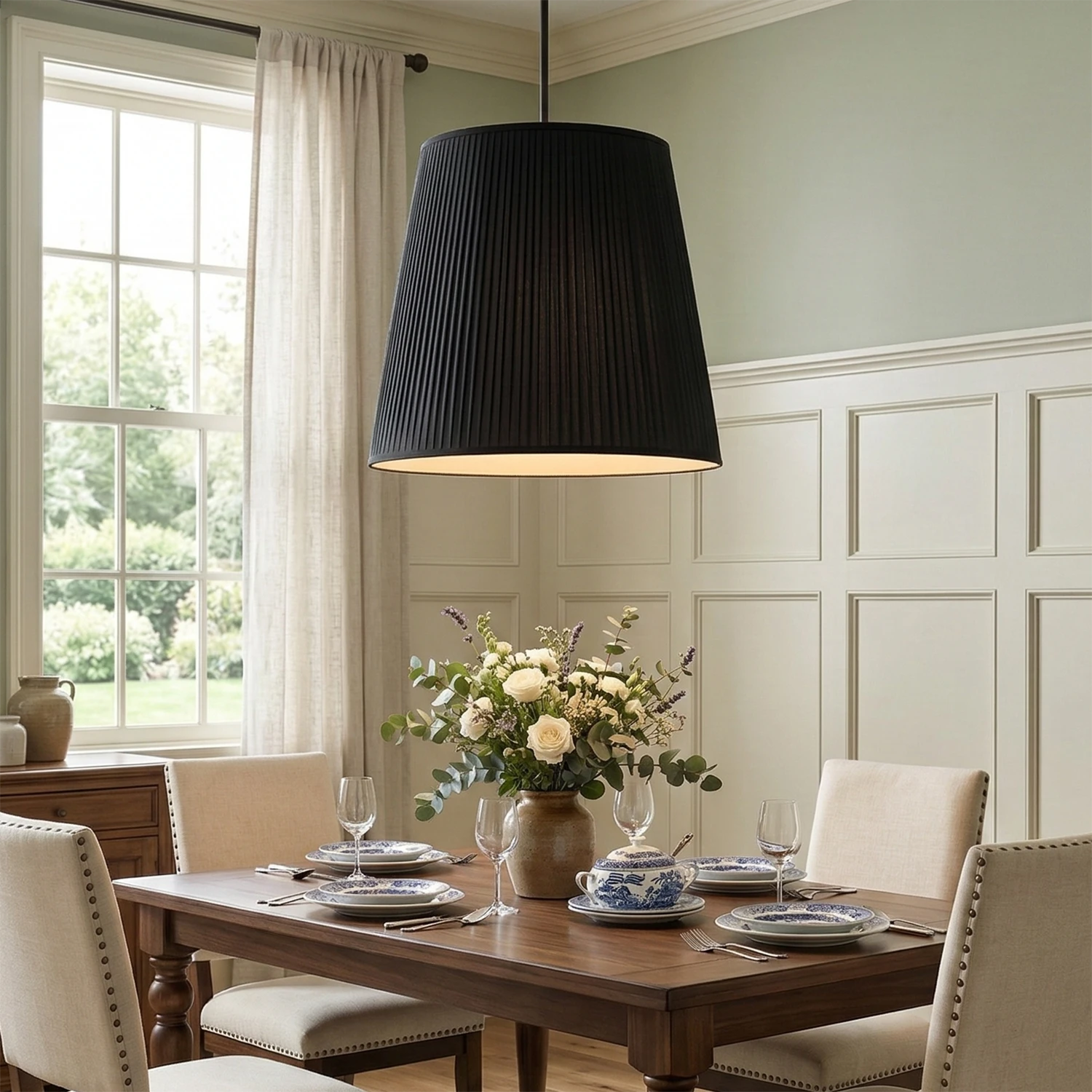 Modern Tailored Reed Pleat Stem Pendant - Formal Dining Table Glow | HoaiLamp