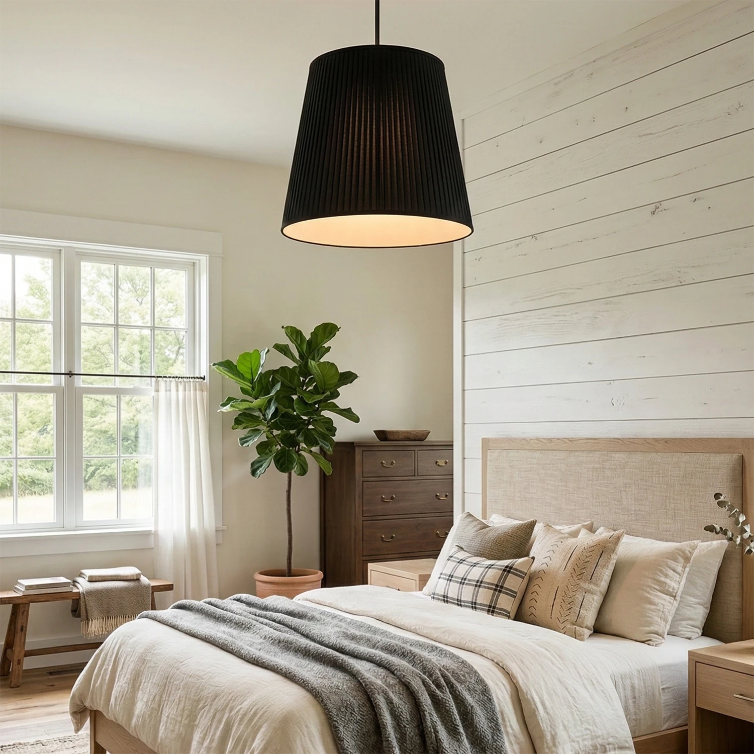 Modern Tailored Reed Pleat Stem Pendant - Luxury Black Shade Bedroom | HoaiLamp