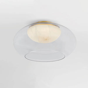 Moor Semi-Flush Mount - Bottom Perspective - Alabaster Texture Display Ceiling Light | Hoai Lamp