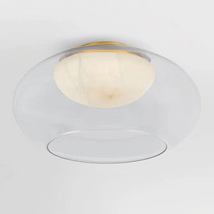 Moor Semi-Flush Mount - Bottom Perspective - Alabaster Texture Display Ceiling Light | Hoai Lamp